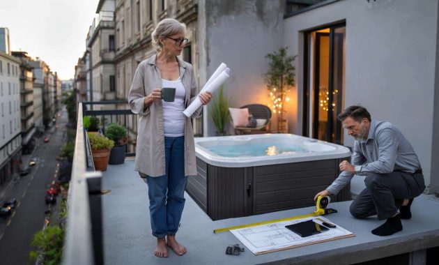 At 59, installing on a terrace, “a filled hot tub can weigh over 4,000 pounds”